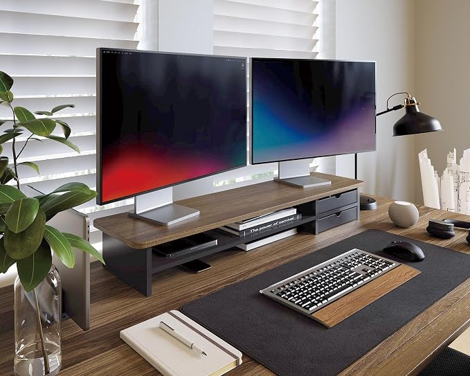 Fenge Monitor Stand, Desk Computer Riser with Frosted Storage Drawer, Brown | 42.5 Inch Dual Monitor Riser, 2 Tiers, Cable Management, Desk Shelf for 2 Monitors, Ultrawide Screen, Laptop, TV, Home Office