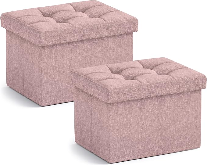 Ornavo Home Small Rectangle Storage Ottoman Set of 2, Linen, 12x16x12, Pink | Foldable Collapsible Design; Foot Rest Stool Seat; Ideal for Living Room, Bedroom, Home Office or Dorm