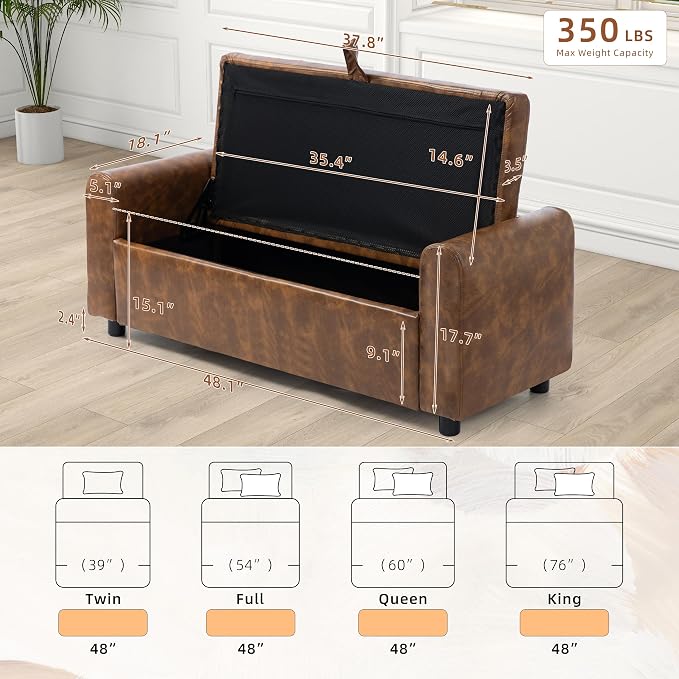 48" Ottoman with Storage, Tufted Storage Ottoman Bench, Convenient Living Room Fabrics Bench Seat, Entryway Shoe Benches with Inner Zipper & Arm, Rivetless Upholstered Window Seat Ottomans, Brown