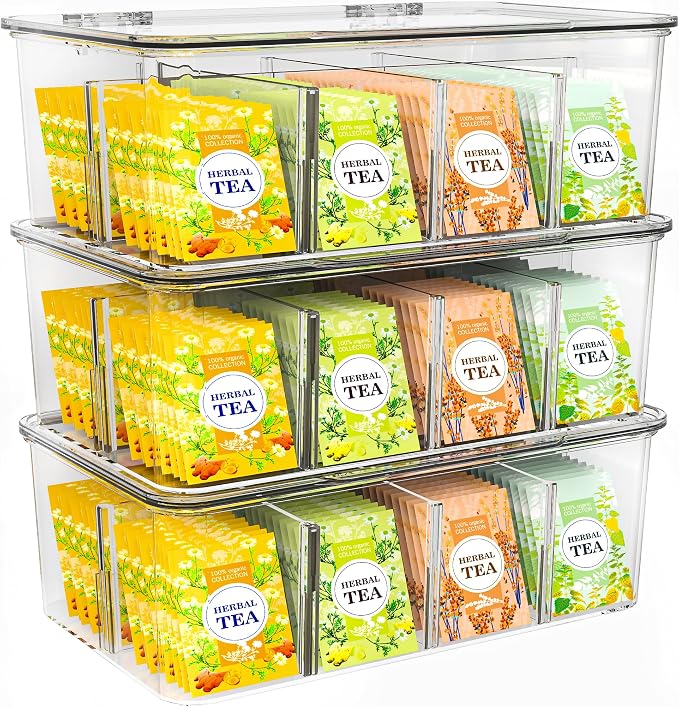 Utopia Home Tea Bag Organizer with Lids, Stackable Tea Box, 3 Pack, Clear | Partition Organizers with Lids For Drawers, Countertops, Fridge, Kitchen, Snack & Spice Organization