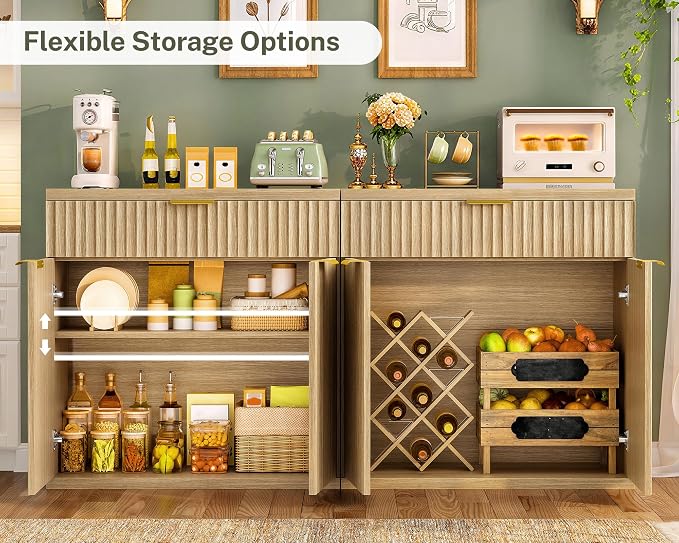 Fluted Buffet Cabinet with Storage, 63" Sideboard Cabinet, Coffee Bar Cabinet with 2 Doors and Adjustable Shelf for Living Room, Kitchen, Entryway, Natural