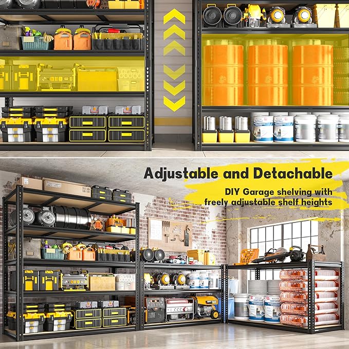 48" W Garage Shelving Heavy Duty 2800LBS Garage Storage Shelves, 5 Tier Adjustable Metal Shelving Unit Utility Rack Shelf for Warehouse, Pantry, Closet, Kitchen Industrial72" H x 48" W x 18" D, Black