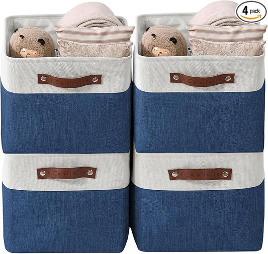 DECOMOMO Storage Bins, Large Fabric Storage Baskets for Shelves 4 Pack | 15 x 11 x 9.5 inches Decorative Linen Closet Organizers (Navy Blue & White)