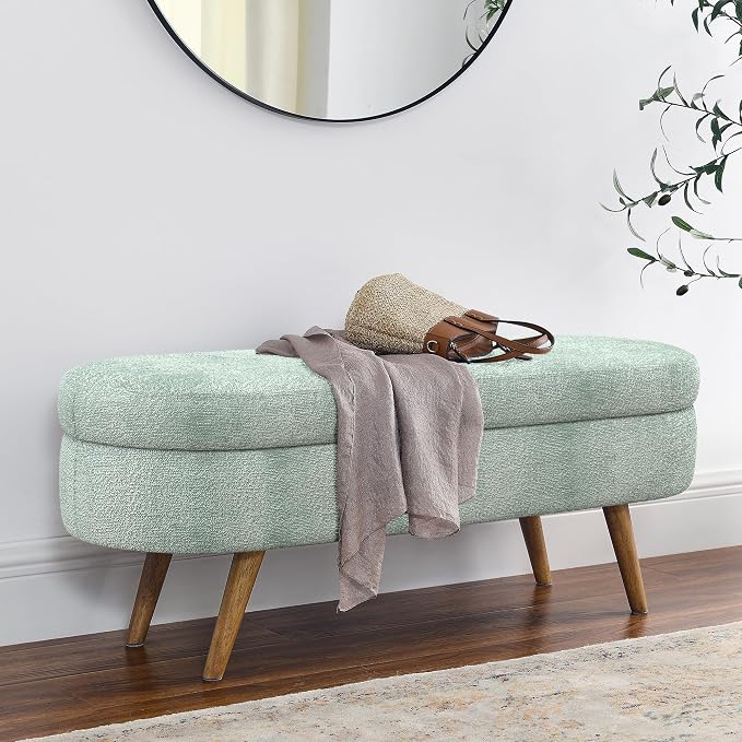 43.5” Storage Ottoman Bench，Upholstered Oval End of Bed Bench for Bedroom | Modern Linen Ottoman with Storage, Entryway Foot Rest with Wooden Legs, Lift-Top Lid with Safety Hinge, Living Room, Cyan