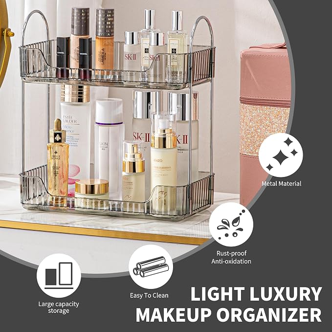 Akinbas 2 Tier Bathroom Organizer Countertop Makeup Perfume Tray Skincare Organizer for Bathroom Dresser Vanity (Grey)