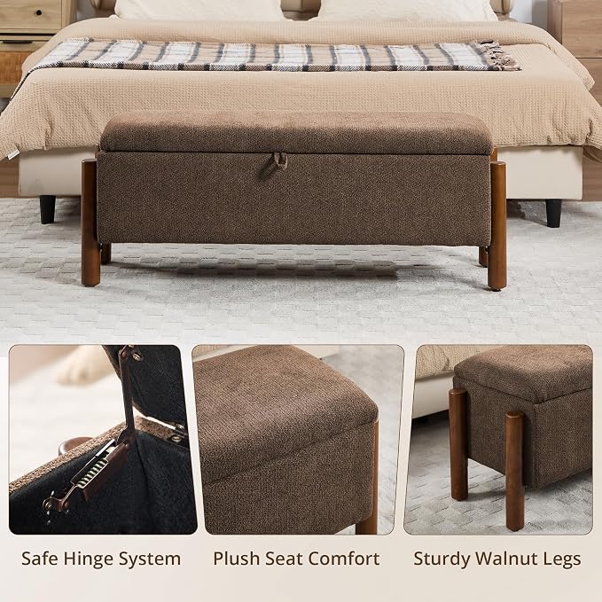 55'' Modern Storage Ottoman Benches | Walnut Wood Legs 26 Gallons Storage Space Fabric Upholstered Seating End of Bed for Bedroom Livingroom Brown