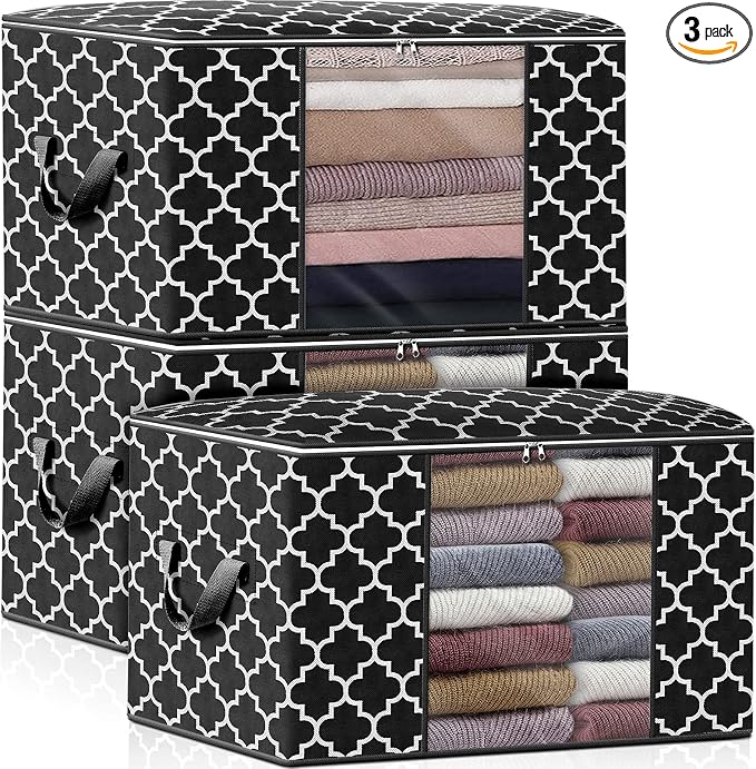 WISELIFE Storage Bags 100L 3-Pack Large Blanket Clothes Organization and Storage Containers for Bedding, Comforters, Foldable Organizer with Reinforced Handle, Clear Window, Sturdy Zippers, Black