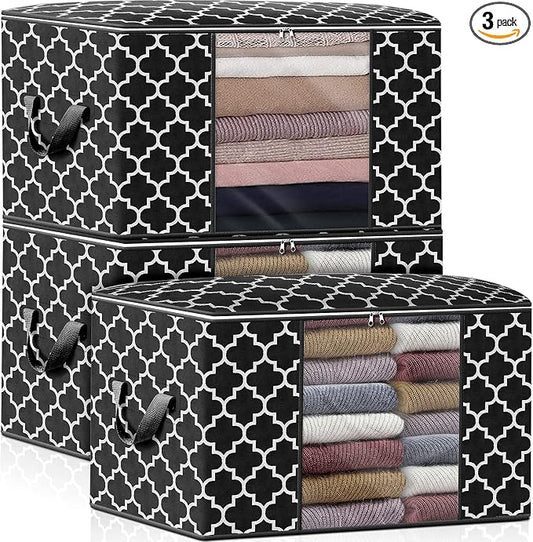 WISELIFE Storage Bags 100L 3-Pack Large Blanket Clothes Organization and Storage Containers for Bedding, Comforters, Foldable Organizer with Reinforced Handle, Clear Window, Sturdy Zippers, Black