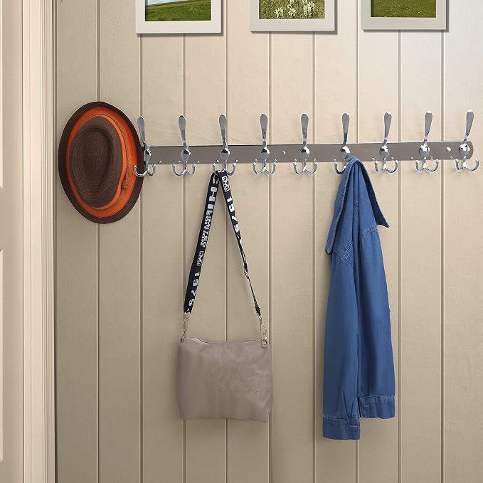 Dseap Coat Rack Wall Mount - 38” Long 10-Tri-Hooks Heavy Duty Coat Hanger Rail Wall Hooks for Hanging Coats Hats Clothing Clothes Purse Mudroom Entryway, Chromed, Pack of 2