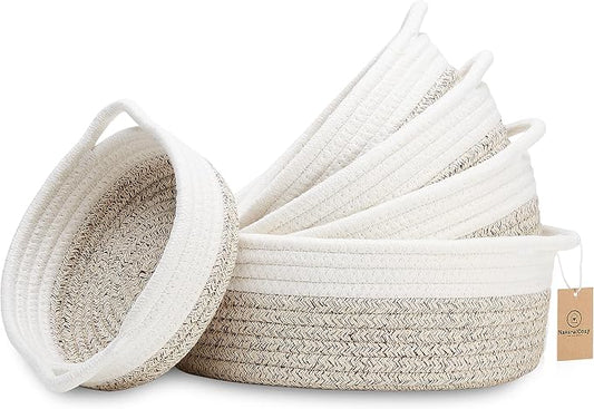 NaturalCozy 5-Piece Round Woven Cotton Rope Storage Baskets for Organizing, Small Shallow Nesting Set for Montessori Toys, Entryway Catchall, Fruit Bowl, Key Tray, Remote Holder, Nursery & Pet Toys