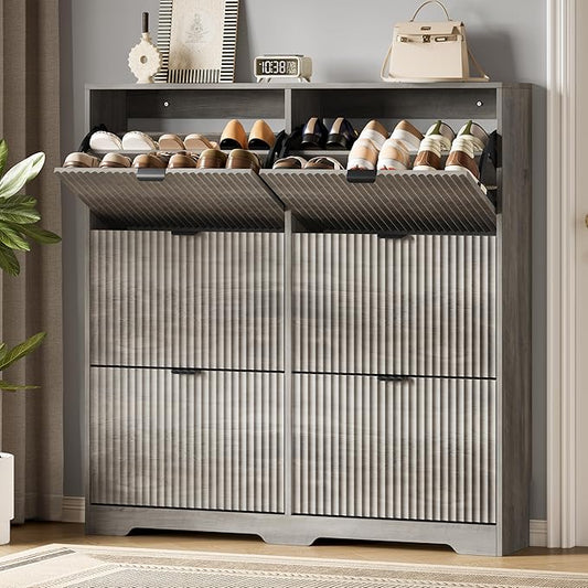 Xixini Shoe Storage Cabinet for Entryway with 6 Flip Drawers, Hidden Slim Wood Shoe Organizer with Modern Fluted Panel, Freestanding Narrow Shoe Rack for Front Door Entrance, Hallway, Foyer, Grey