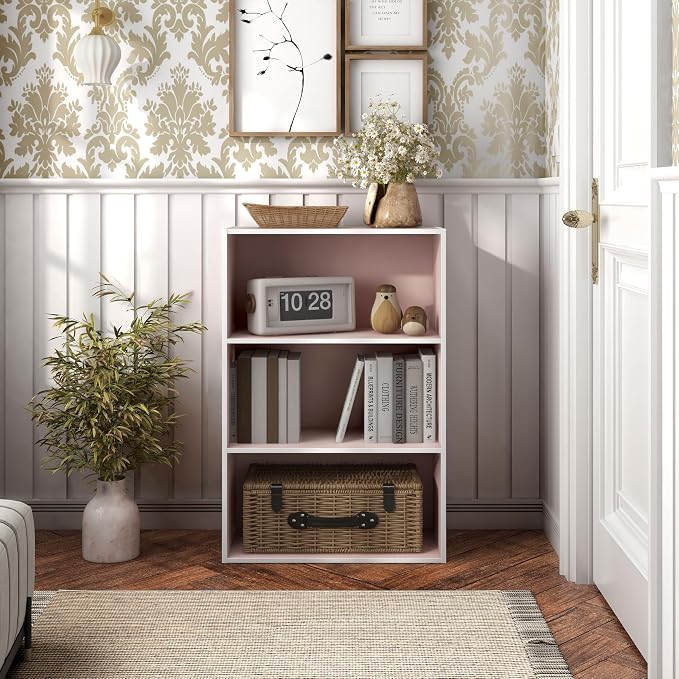 Homes: Inside + Out Apexa 3-Tier Cube Storage Organizer Shelves, Stackable Wood Bookcase Fits Cubby Bins for Organization, Dorm Teen Room Decor & Home Office, Light Pink