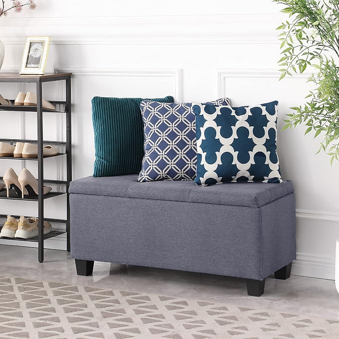 38'' Hinged Storage Ottoman w/Small Foot Stools, Set of 3, Grey | No Tools Assembly, Classical Tufted Cushion Top, Soft Linen Fabric, Large Store Capacity, for Entryway, Window, End of Bed