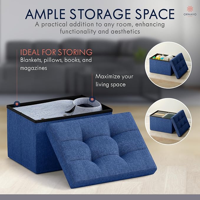 Ornavo Home Small Rectangle Storage Ottoman, Foldable Linen, 12x16x12, Navy | Collapsible Cube Design; Foot Rest Stool Seat; Ideal for Living Room, Bedroom, Home Office or Dorm