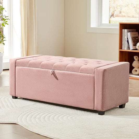 Royal Windsor Ottoman with Storage,Tufted Storage Bench with Safety Hinge,Holds up to 350 lb,Upholstered Bench with Seating for Bedroom, Living Room,Entryway,Pink