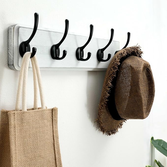 SKOLOO Rustic Wall Mounted Coat Rack, Pine Solid Wood Coat Hook Hanger - 5 Hooks for Hanging Clothes Robes Towels Coats