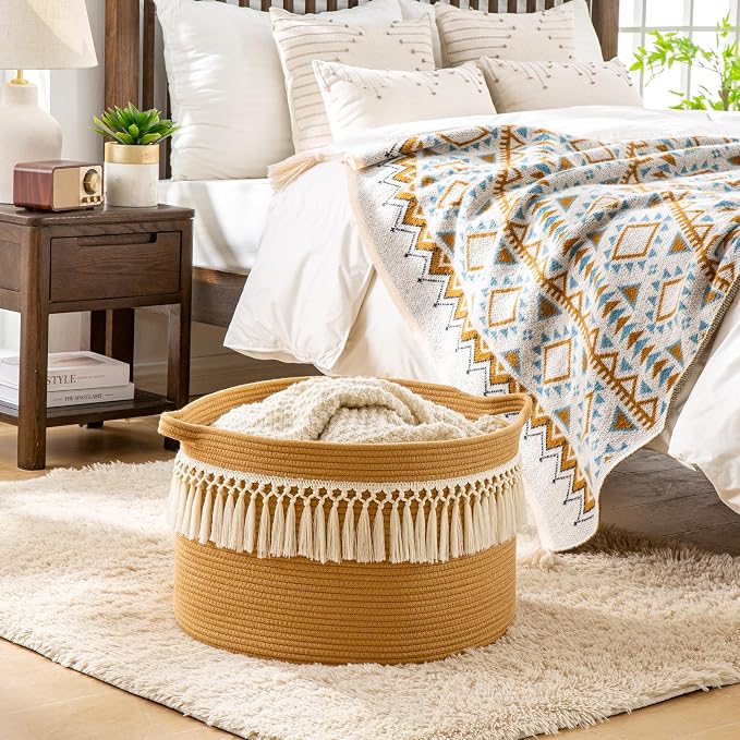 KAKAMAY Large Blanket Basket with Handles, Storage Basket for Living Room | Extra Large Capacity | Natural Cotton Rope | Blanket Storage | Woven Storage Basket | Stuffed Animal Storage | Laundry Basket