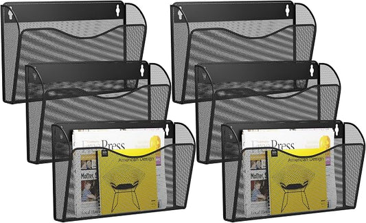 6 Single Pocket Wall File Holder, Mesh Hanging File Folder Paper Organizer, Vertical Wall Mounted Mail Basket, Storage Organization Magazine Rack for Office, Home and School, Black