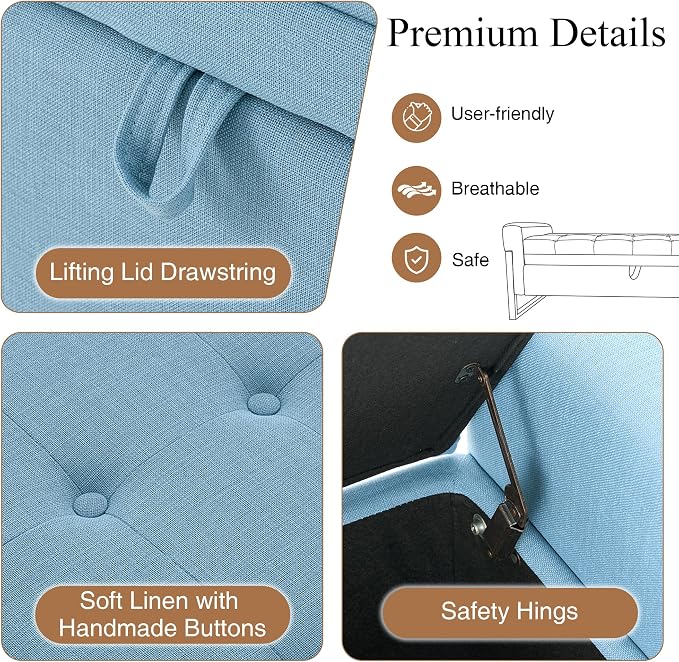 adochr 57" Storage Ottoman Bench, Upholstered End of Bed Bench, Light Blue | Metal Legs & Button-Tufted, Linen Ottoman with Storage 500 lb Capacity for Living Room, Bedroom, Entryway