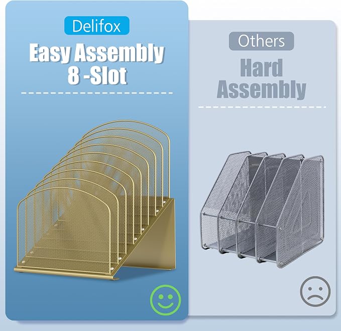 Inclined Desk File Organizer, 8-Section Upright Desk Organizer Standing File Sorter for Office Classroom Desktop Organization (Gold, 8)