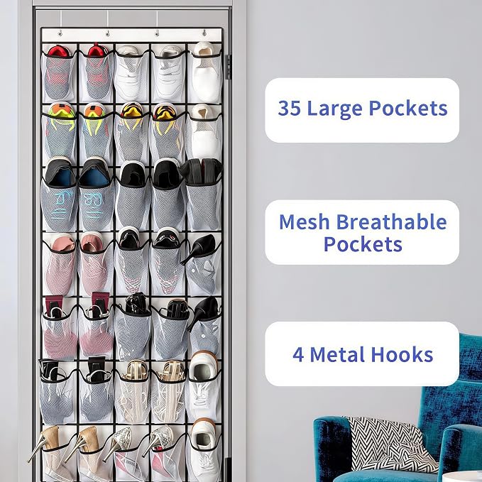 SAVERHO 35 Pockets Over the Door Shoe Organizer, Hanging Shoe Organizer for Door with 35 Mesh Pockets Large Capacity Shoe Hanging Storage Bag with 4 Metal Hooks (White-1Pack)
