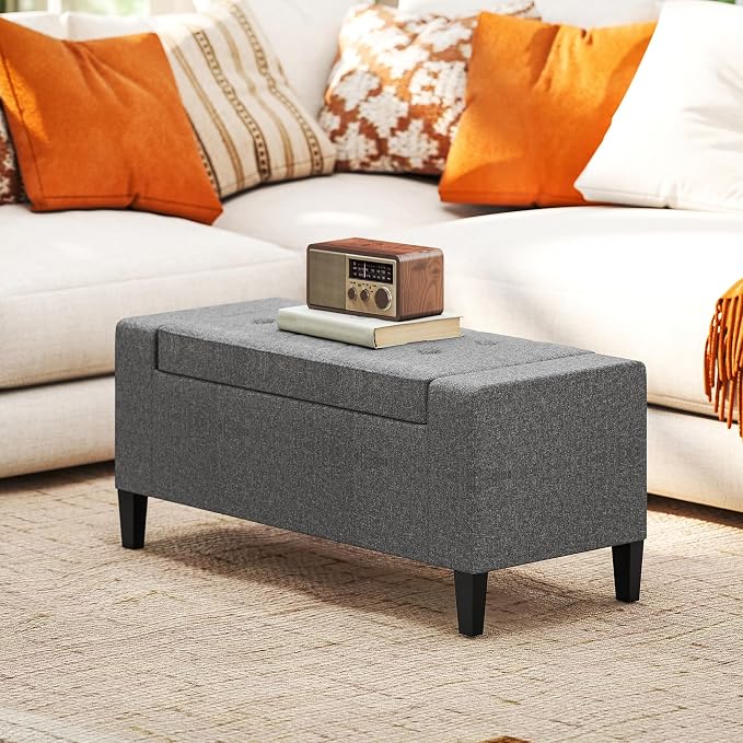 HOMCOM 36" Ottoman with Storage, Lift Top Rubberwood Legs 330 lb Gray | Storage Ottoman Bench, Linen Upholstered Entryway Seat, Living Room, Bedroom