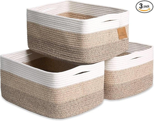 NaturalCozy Storage Baskets 16.8”x13”x7.6” Cotton Rope Woven Baskets for Organizing 3-Pack | Toy Storage Bins | Basket for Shelves, Laundry, Blanket, Clothes, Closet, Kitchen, Bathroom, Gifts