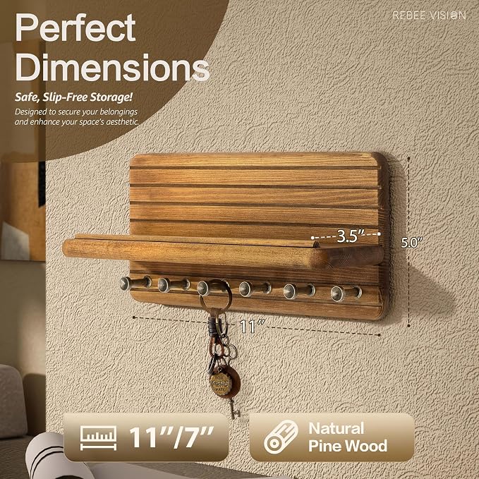 Rebee Vision Key Holder Wall Mount with 6 Hooks for Entryway, Light Brown | Pine Wood, Key Holder for Wall, Floating Shelf, Mail Organizer, Plant Display, Apartment Essential, Decorative Room Accent