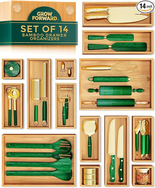 Grow Forward Bamboo Drawer Organizer Boxes - Set of 14 Wooden Drawer Organizers for Kitchen, Bathroom, Office, Desk, Vanity, Makeup - Non-Slip Junk Drawer Organizer Trays for Storage and Organization