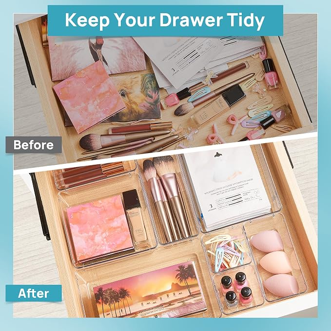 Vtopmart 25 PCS Clear Plastic Drawer Organizers Set, 4-Size Versatile Bathroom and Vanity Drawer Organizer Trays, Storage Bins for Makeup, Bedroom, Kitchen Gadgets Utensils and Office | 4-Size Versatile Makeup Organizer, Storage Containers Small Bins f...