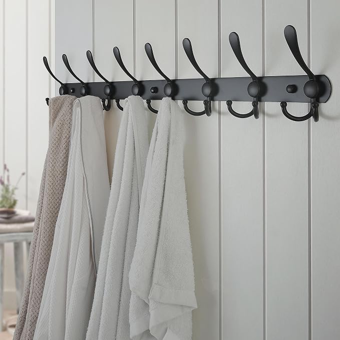 Dseap Coat Rack Wall Mount - 29.5” Long 8-Tri-Hooks Heavy Duty Coat Hanger Rail Wall Hooks for Hanging Coats Hats Clothing Clothes Purse Mudroom Entryway, Black