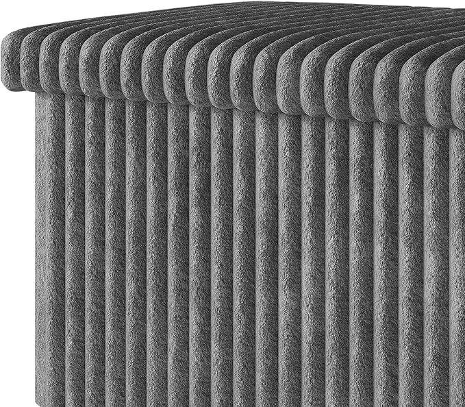 HOME DESIGN Florence 30" Upholstered Folding Storage Bench, Tufted Top, Space-Saving Storage, Gray Corduroy Fabric