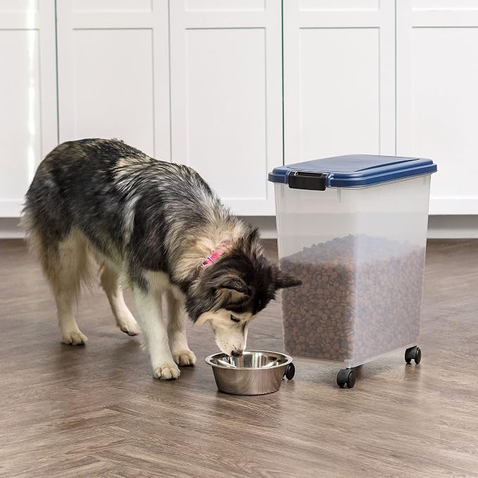 IRIS USA Airtight Dog Food Storage Container, Up to 40 lbs, Attachable Wheels, For Dog Cat Bird and Other Pet Food Storage Bin, Keep Fresh, Translucent Body, Easy Mobility, Navy | Clear Plastic Bin with Snap-Lid Seal and Wheels to Keep Kibble, Pellets,...