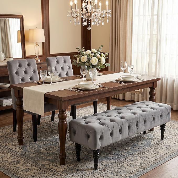 60" Accent Bench, Upholstered Tufted Ottoman Bench French Vintage Entryway Bench Corduroy Padded Benches for Entryway, Dining Room, Foyer, Living Room, Bedroom, Grey