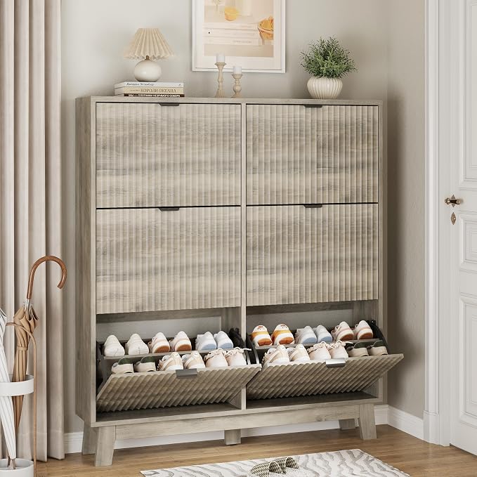 Xixini Shoe Cabinet with 6 Flip Drawers, 54" Tall Narrow Fluted Shoe Storage Organizer for Entryway, Hidden Slim Wooden Shoe Rack Cabinet for Front Door Entrance, Hallway, Living Room, Light Grey