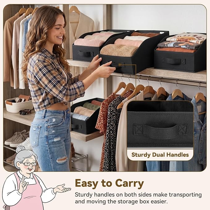 GRANNY SAYS Trapezoid Closet Organizers, 10"Lx15¾"Wx6¾"H, Black, 6-Pack | Fabric Storage Bins for Closet Shelves, Cube Shelf, Closet Organizers and Storage for Clothes, Purse, Toys, Towels