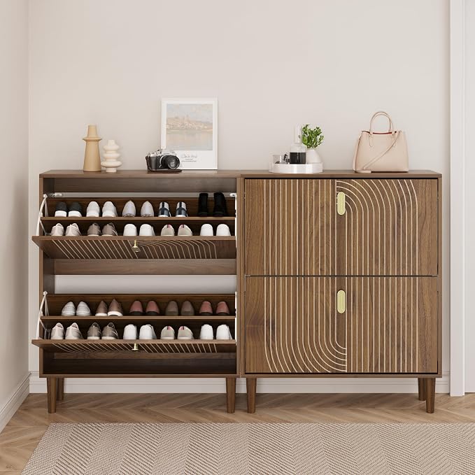 Smuxee Shoe Cabinet with 2 Flip Drawers, 31.5" Walnut Hidden Shoe Storage Cabinet with Line Groove Design, Freestanding Shoe Organizer Cabinet for Hallway, Entryway, Living Room