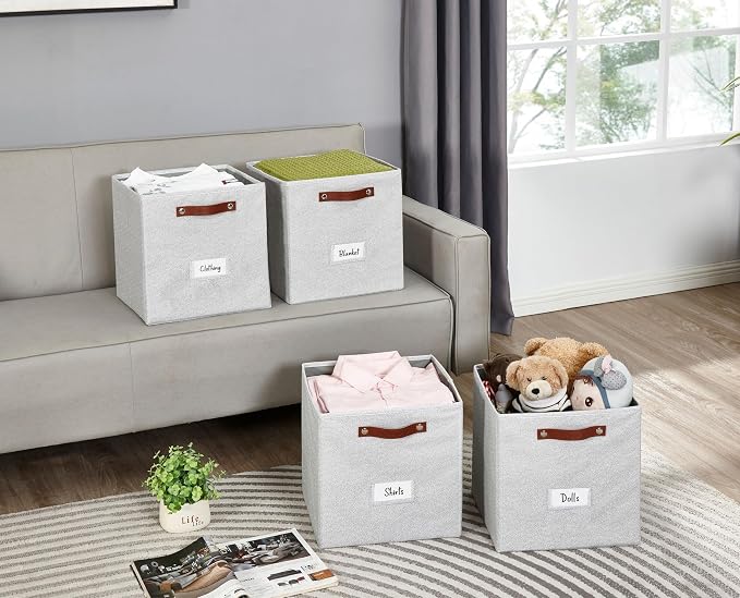 DECOMOMO Storage Bins, Cube Storage Bin with Labels | 13" x 13" x 13" Fabric Storage Cubes for Shelves (6pcs, Light Texture Grey)
