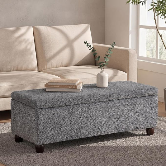 Boucle Storage Ottoman Bench, with Hidden Storage and Solid Wood Legs | Modern End of Bed Bench, Rectangle Footrest, Hidden Storage, Solid Wood Legs, Bedroom, Living Room and Entryway Use, Grey