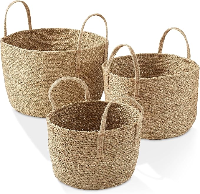 Casafield Set of 3 Braided Seagrass Baskets with Jute Handles - Natural, Woven Storage Basket Planters, Boho Decor for Entryway, Living Room, Bedroom