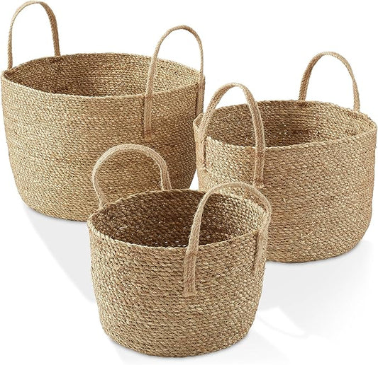Casafield Set of 3 Braided Seagrass Baskets with Jute Handles - Natural, Woven Storage Basket Planters, Boho Decor for Entryway, Living Room, Bedroom
