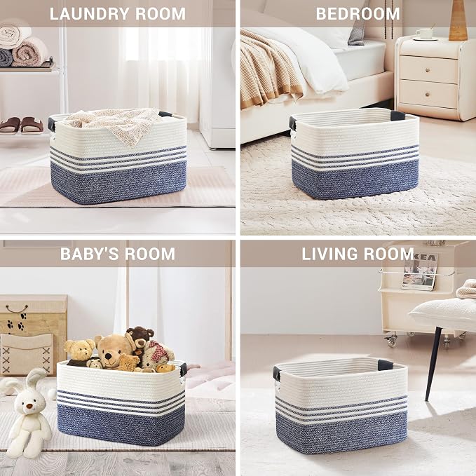 60L Woven Laundry Basket Hamper with Leather Handles,Denim Blue | collapsible wicker hamper, storage for dirty clothes, toys, blankets, gifts, living room, bedroom, bathroom, 21"x15"x11"