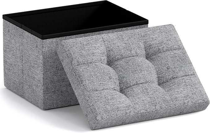 Ornavo Home Small Rectangle Storage Ottoman, Foldable Linen, 12x16x12, Gray | Collapsible Cube Design; Foot Rest Stool Seat; Ideal for Living Room, Bedroom, Home Office or Dorm