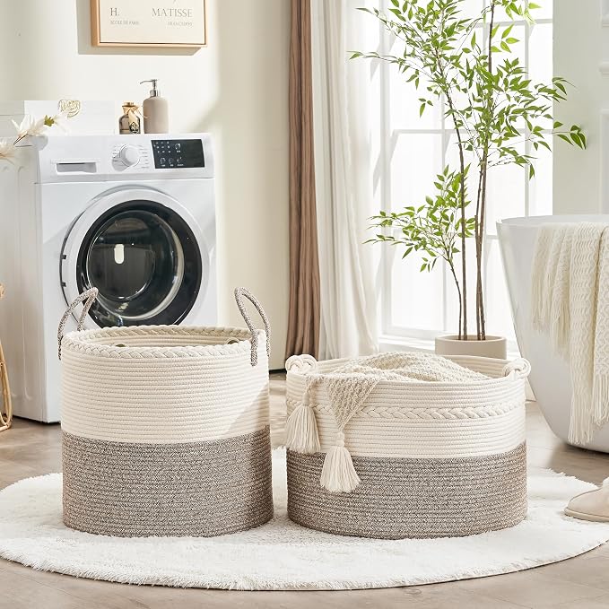KAKAMAY Large Blanket Basket (20"x13"),Woven Baskets for storage Baby Laundry Hamper, Cotton Rope Blanket Basket for Living Room, Laundry, Nursery, Pillows, Baby Toy chest (White/Beige) | Extra Large Capacity | Natural Cotton Rope | Blanket Storage | W...