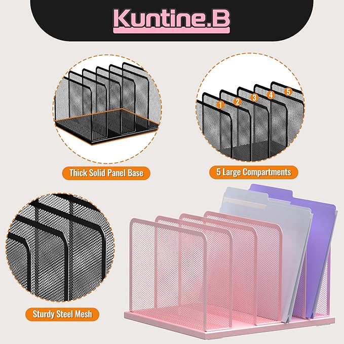 Kuntine.B 5-Section Upright Desk File Organizer Pink 1 Pack | Vertical, Mesh, Metal, Assembly, Stability, Sturdiness, Organization, Standing