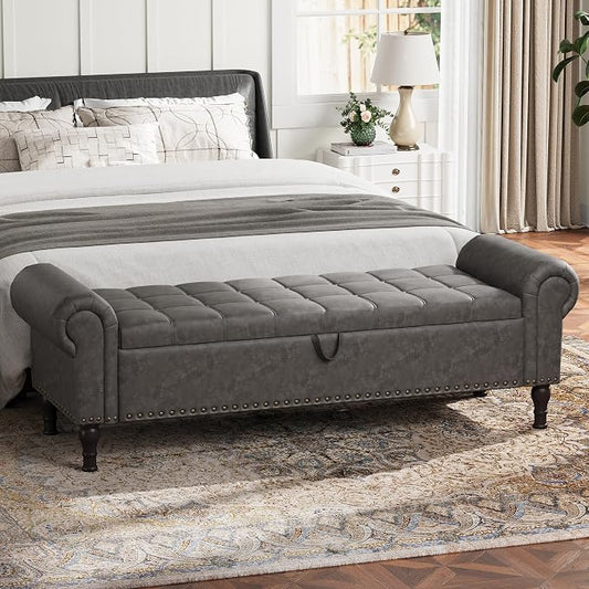 YOUDENOVA Ottoman with Storage, 60" End of Bed Bench with Rolled Arms, Upholstered Storage Bench with Vintage Rivets for Bedroom, Living Room, Entryway, Gray
