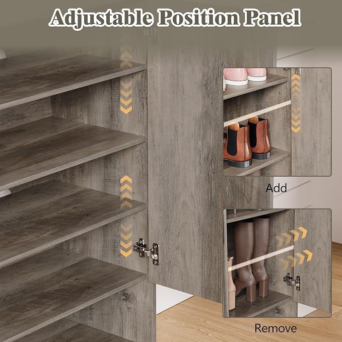 HUANLEGO Shoe Cabinet Storage for Entryway with Doors, Grey | 5 Tier Fluted Shoe Organizer with Adjustable Shelves, Shoe Storage with Wooden Legs, Freestanding Shoe Rack for Entryway