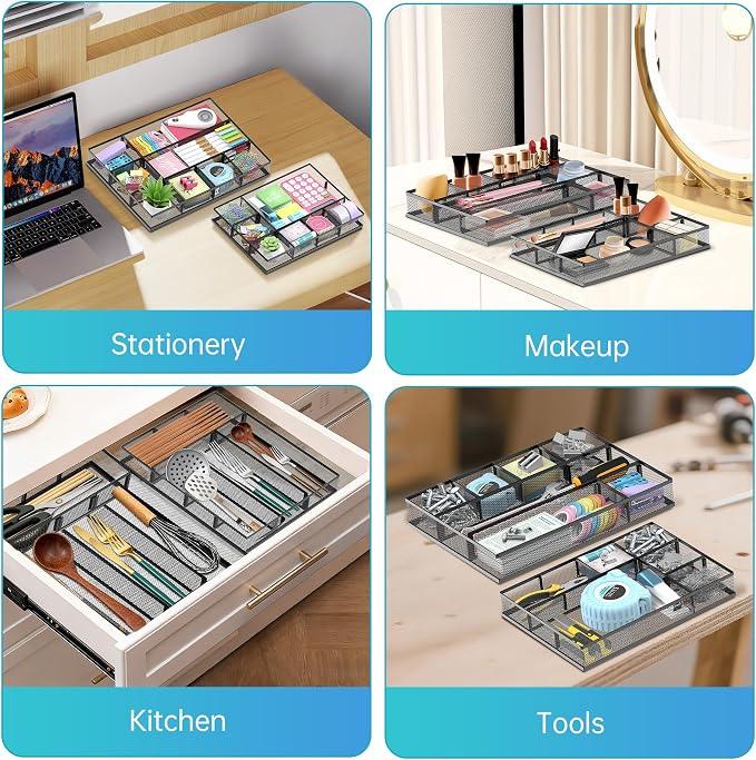 2 Pack Mesh Drawer Organizer, Metal Desk Drawer Organizer Tray with 8 Adjustable Compartments, Desk Organizers and Accessories for Office Supplies, Kitchen, Makeup & Vanity (Black)