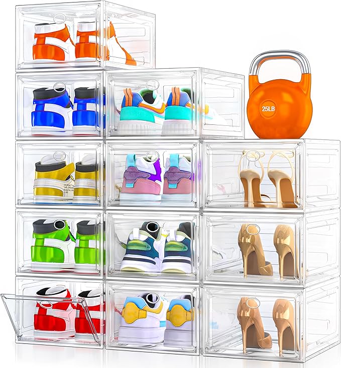 12 Pack Shoe Organizer, Stackable Shoe Storage Boxes with Magnetic Door | Clear Plastic Shoe Boxes for Sneakers, Boots & Heels, Foldable Space-Saving Shoe Rack for Closet, Durable Shoe Cabinet, White