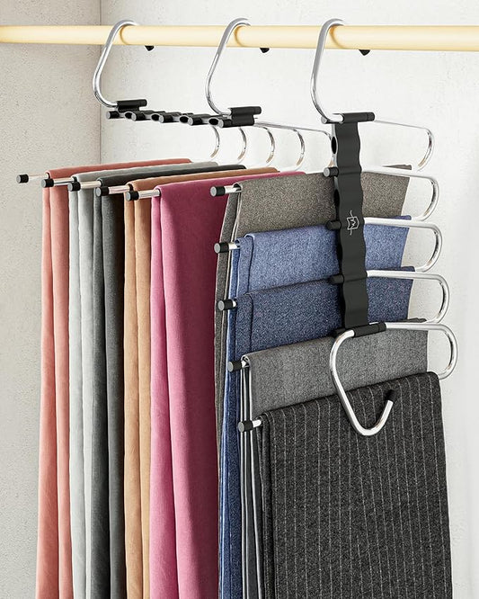 MORALVE Pants Hangers Space Saving - 4 Pack - Non-Slip Multi-Layer Space Saving Hangers - Multifunctional Clothing Rack for Closet Storage - Ideal for Jeans, Trousers, Skirts, Scarves & Slacks (Black)